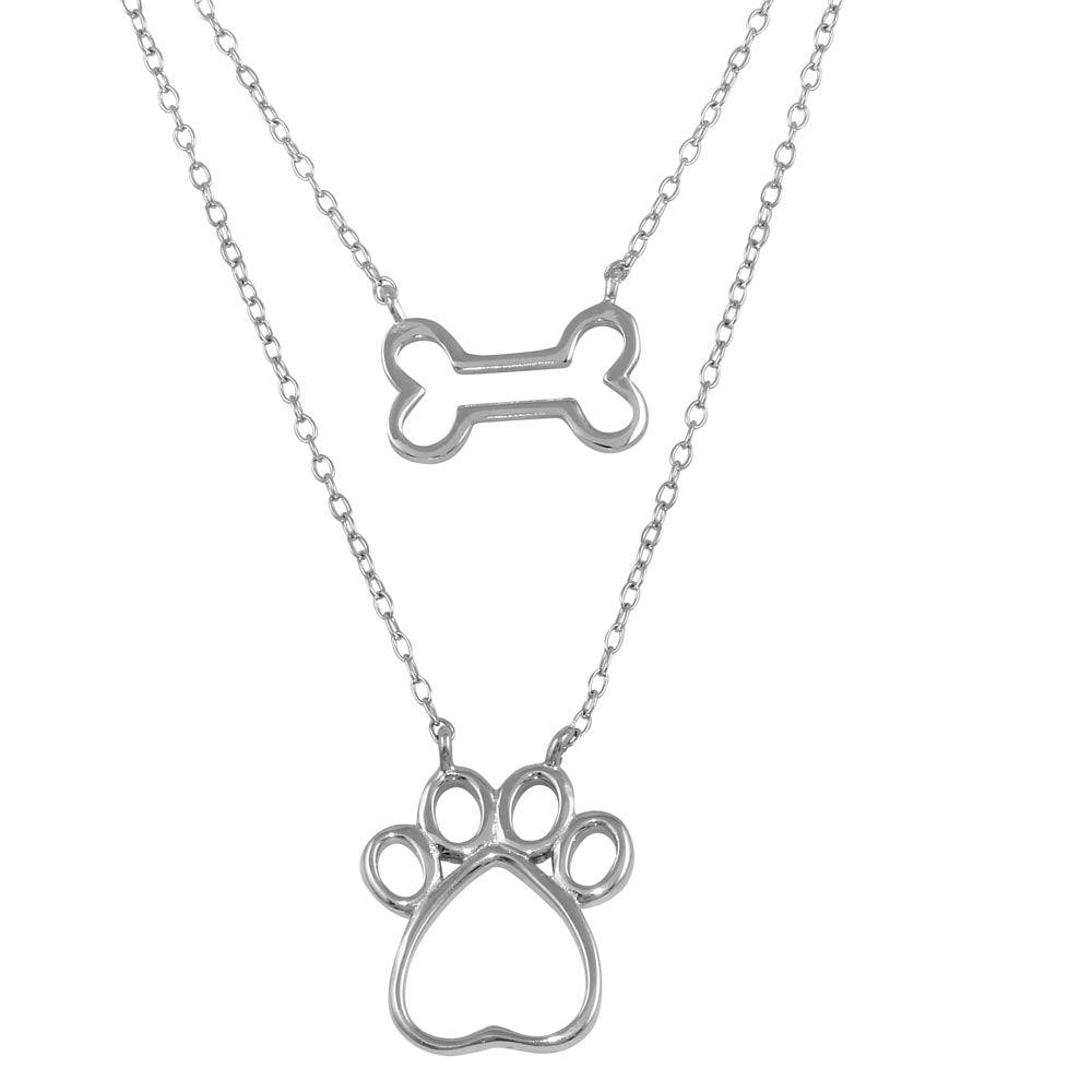 Rhodium Plated 925 Sterling Silver Two Piece Dog Bone and Paw Necklace - STP01603 SPI