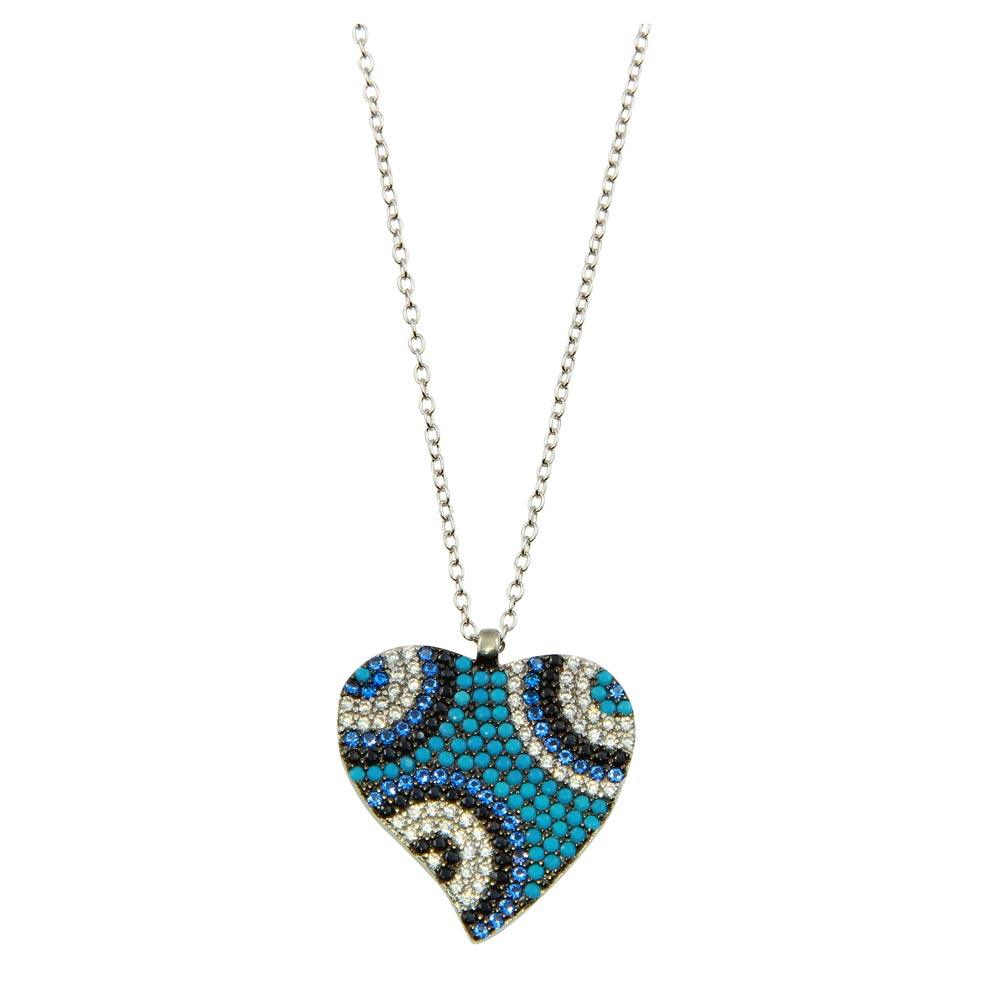 Rhodium Plated 925 Sterling Silver Blue Heart Necklace with CZ - STP01604 SPI