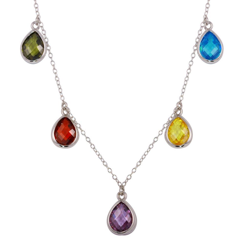 Rhodium Plated 925 Sterling Silver Multi-Colored Teardrop Necklace - STP01605 SPI