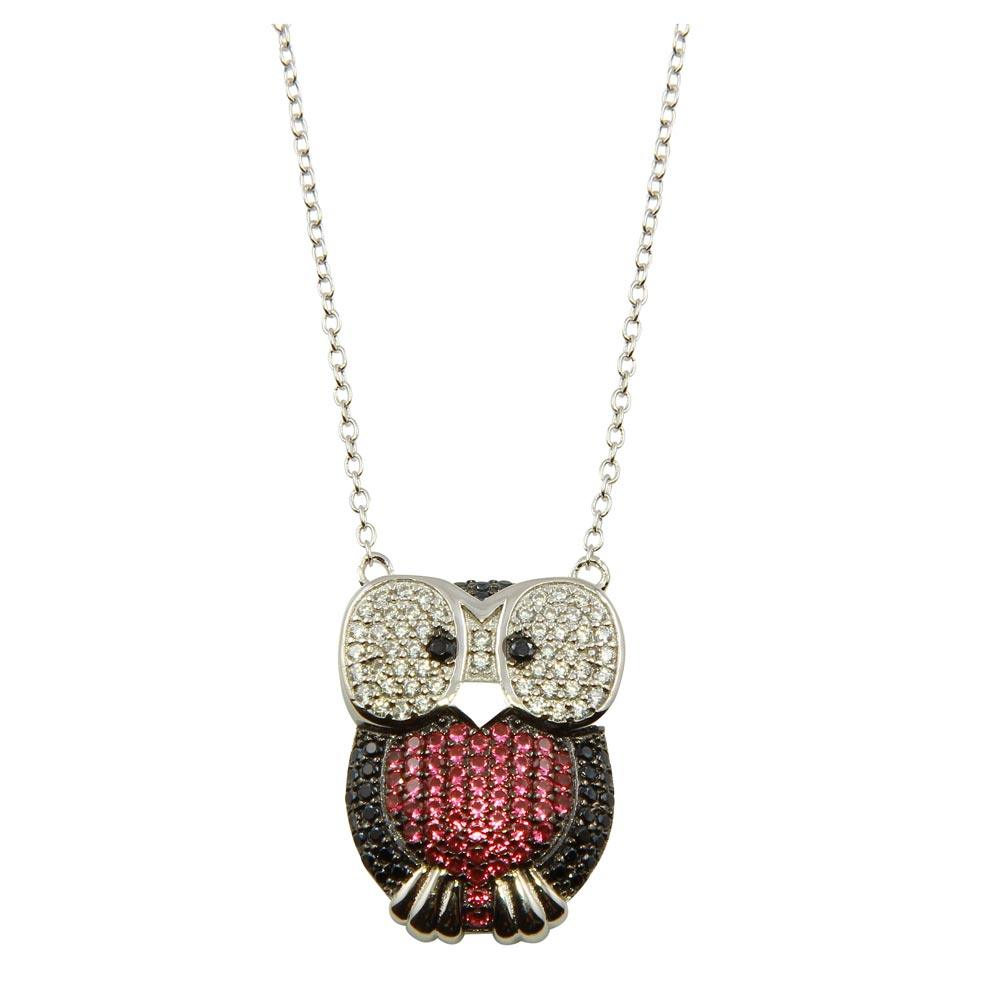 Rhodium Plated 925 Sterling Silver Owl Pendant Necklace with CZ - STP01610 SPI