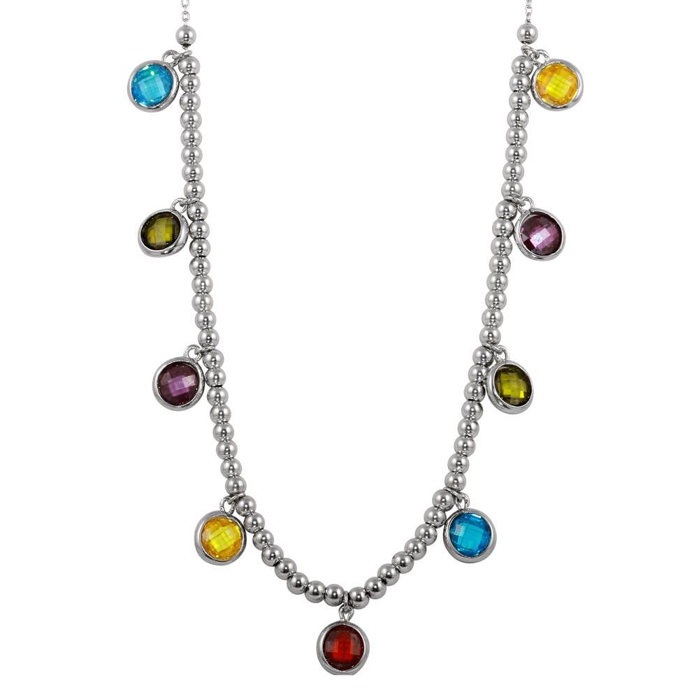 Rhodium Plated 925 Sterling Silver Multi-Color Round CZ Bead Pendant Necklace - STP01611 SPI