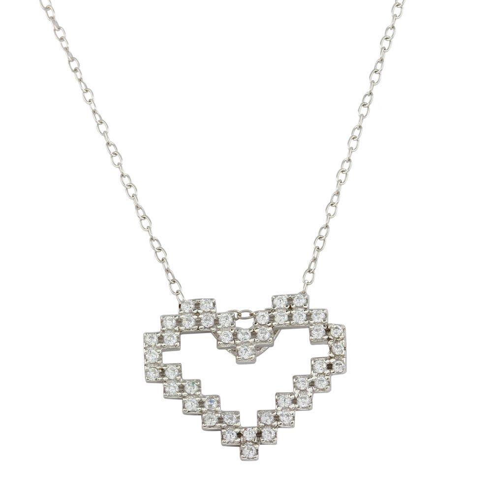 Rhodium Plated 925 Sterling Silver Digital Heart Necklace with CZ - STP01614 SPI