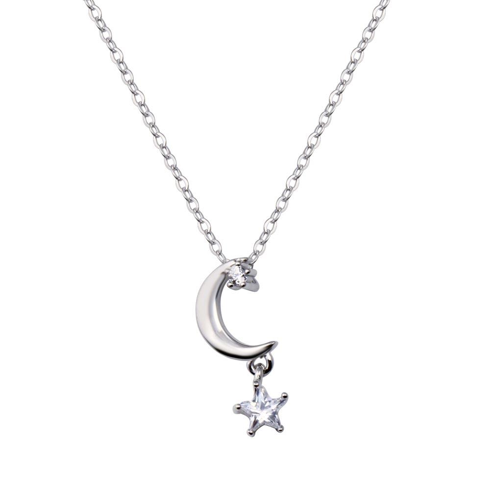 Rhodium Plated 925 Sterling Silver Moon and Clear CZ Star Pendant Adjustable Necklace - STP01833 SPI