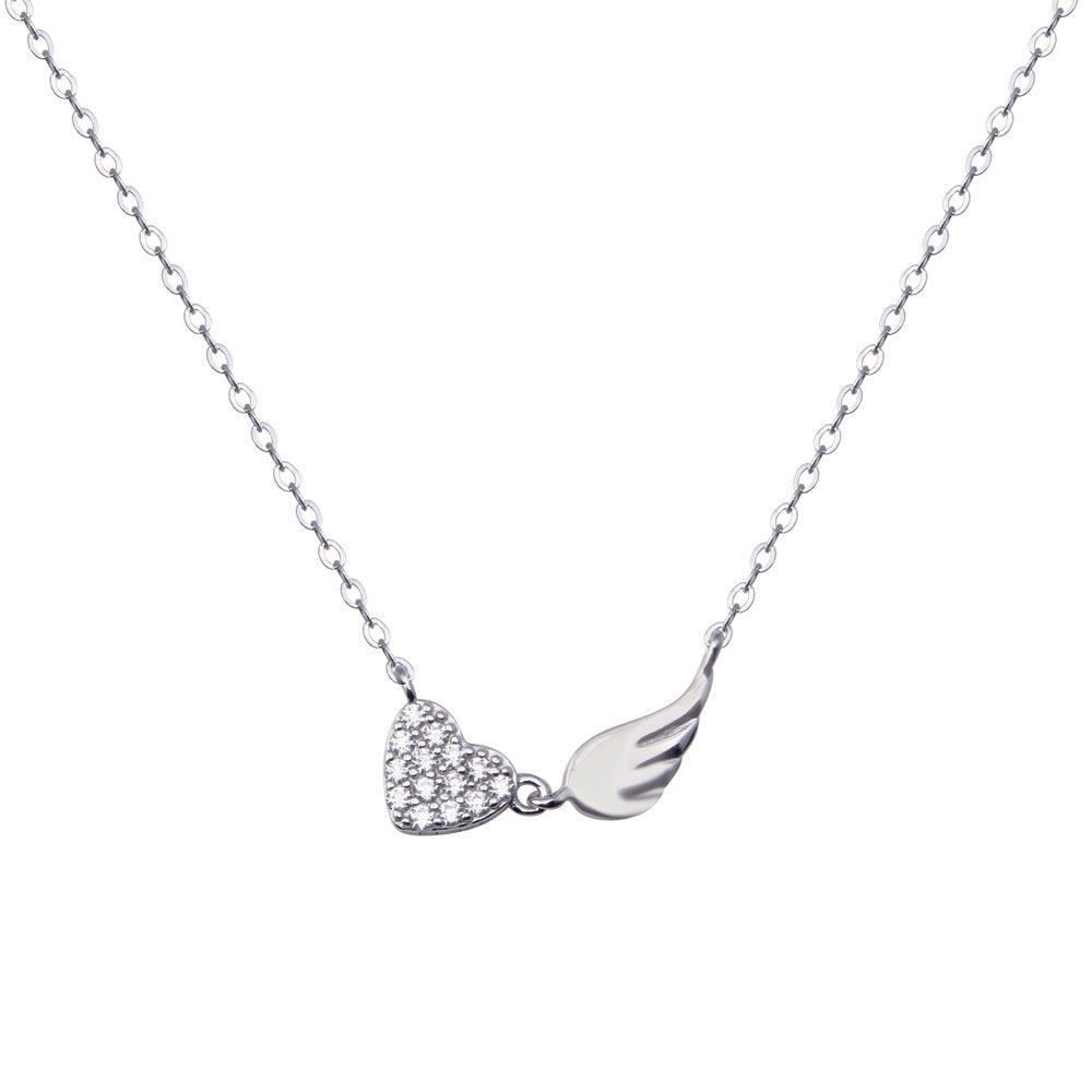 Rhodium Plated 925 Sterling Silver Wing Heart Clear CZ Adjustable Necklace - STP01834 SPI
