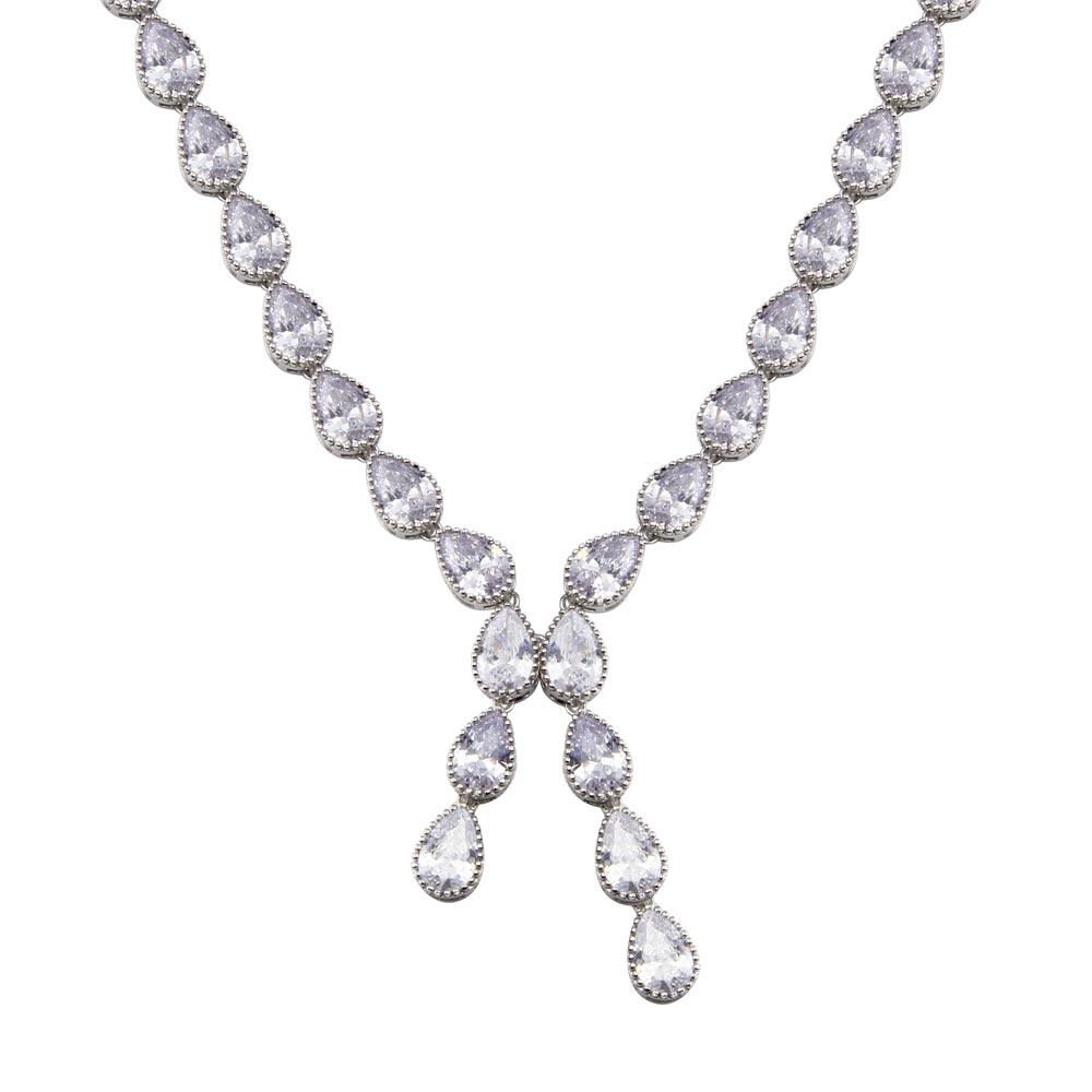 Rhodium Plated 925 Sterling Silver Teardrop Dangling Pendant Clear CZ Tennis Necklace - STP01839 SPI