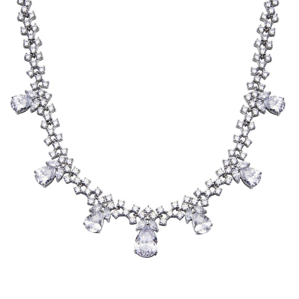 Rhodium Plated 925 Sterling Silver Multi Teardrop Clear CZ Tennis Necklace - STP01840 SPI
