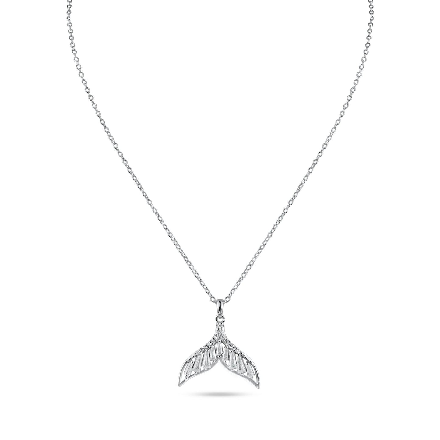 Rhodium Plated 925 Sterling Silver Whale Tail Clear Baguette CZ Necklace - STP01845 SPI