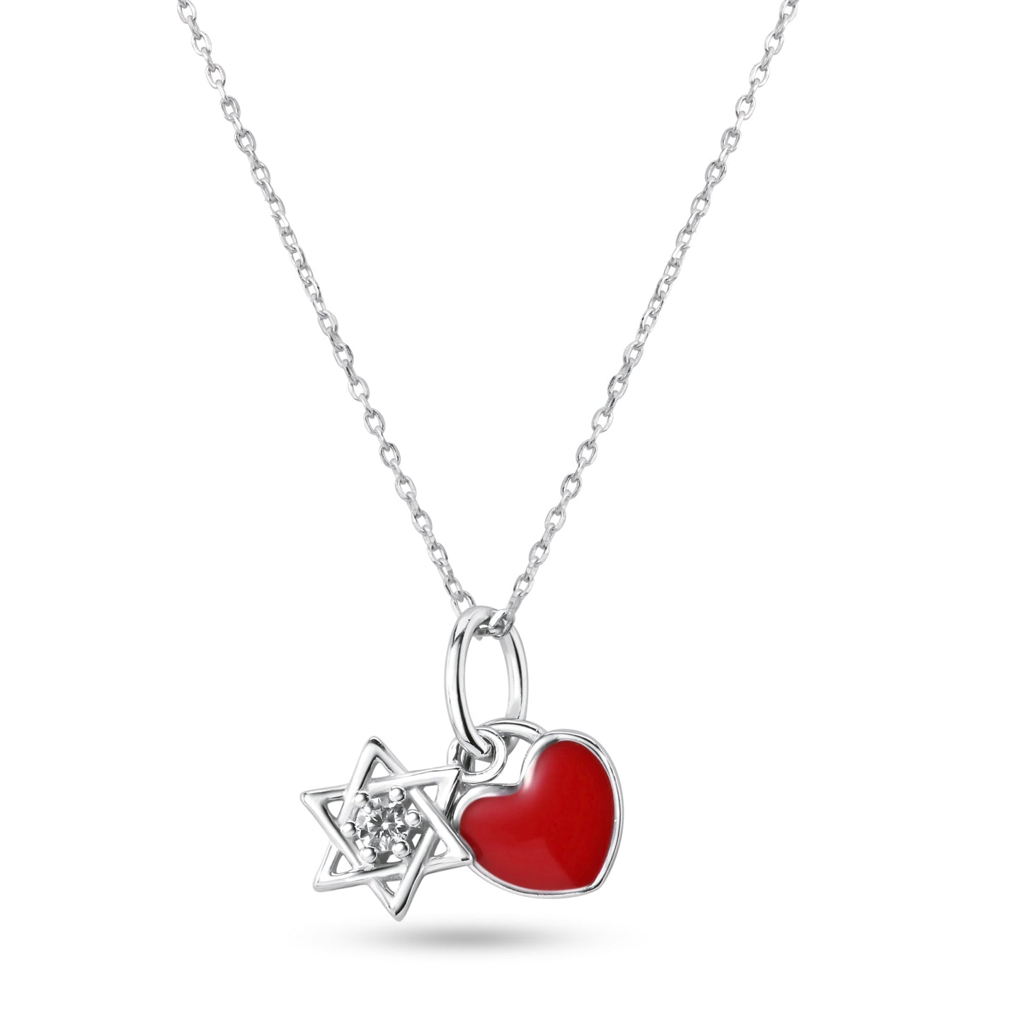 Rhodium Plated 925 Sterling Silver Star of David Red Enamel Heart Clear CZ Pendant Necklace - STP01855 SPI