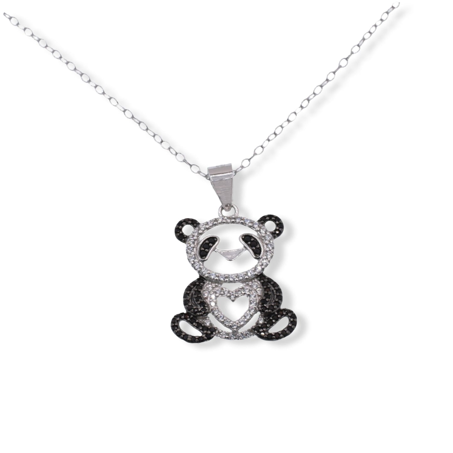 Rhodium Plated 925 Sterling Silver Panda Heart Black and Clear CZ Pendant Necklace - STP01857 Fantastic Jewelry NYC