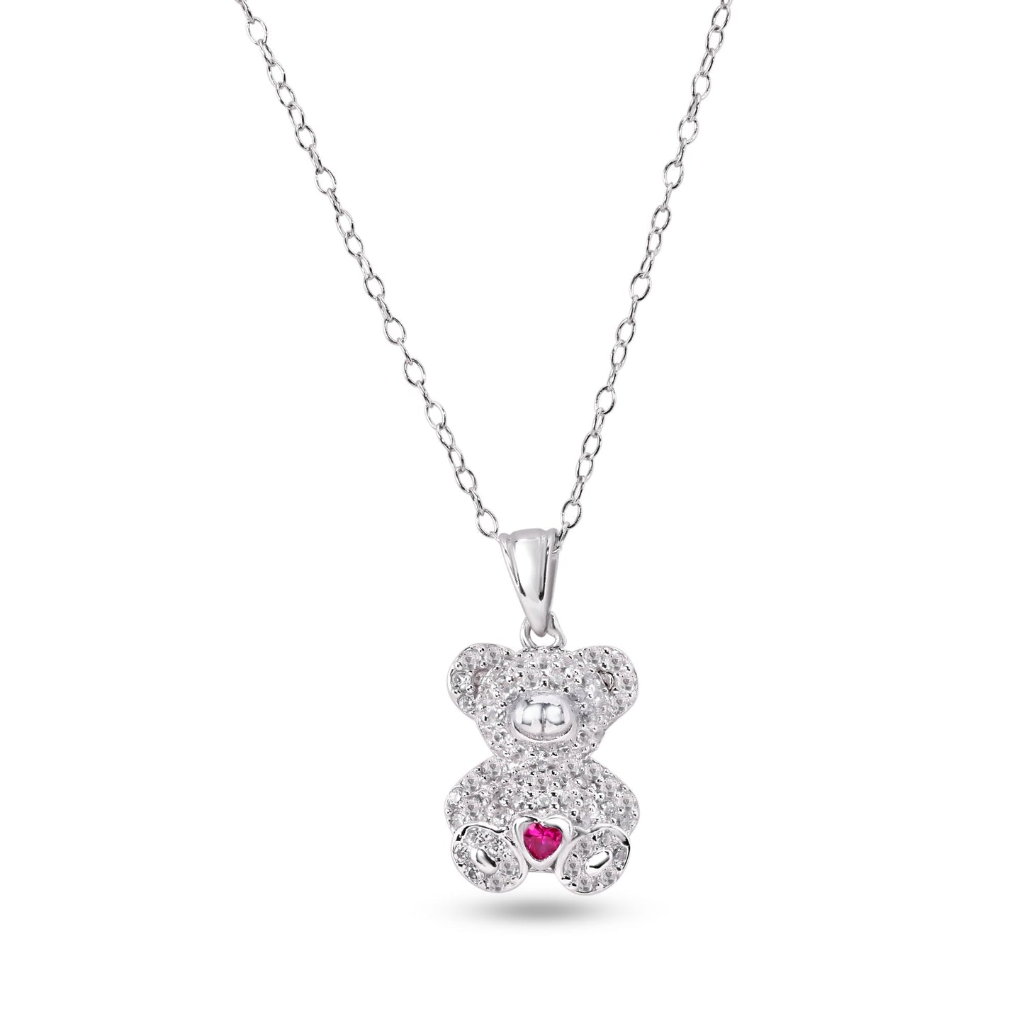 Rhodium Plated 925 Sterling Silver Bear Heart Red and Clear CZ Pendant Necklace - STP01858 SPI