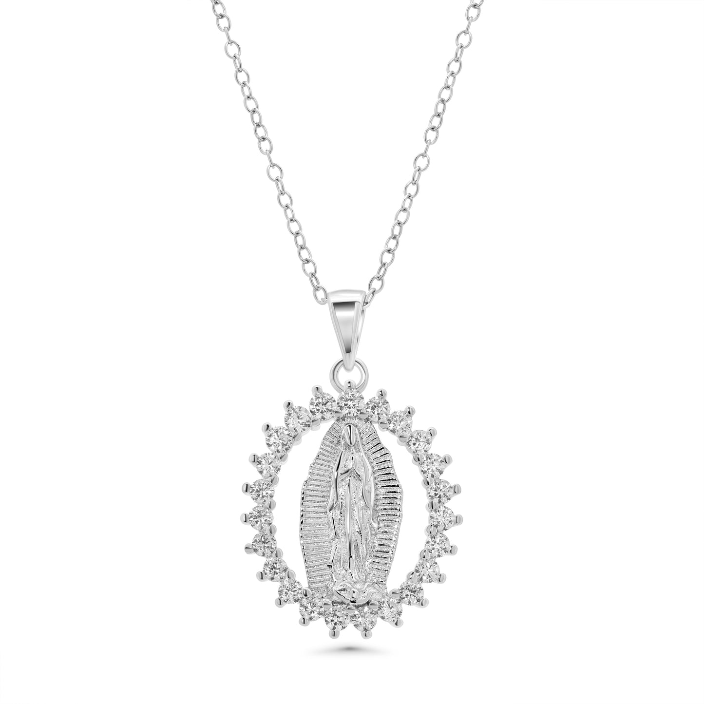 Rhodium Plated 925 Sterling Silver 16mm Our Lady of Guadalupe Pear Shaped Clear CZ Adjustable Pendant Necklace - STP01861 Fantastic Jewelry NYC