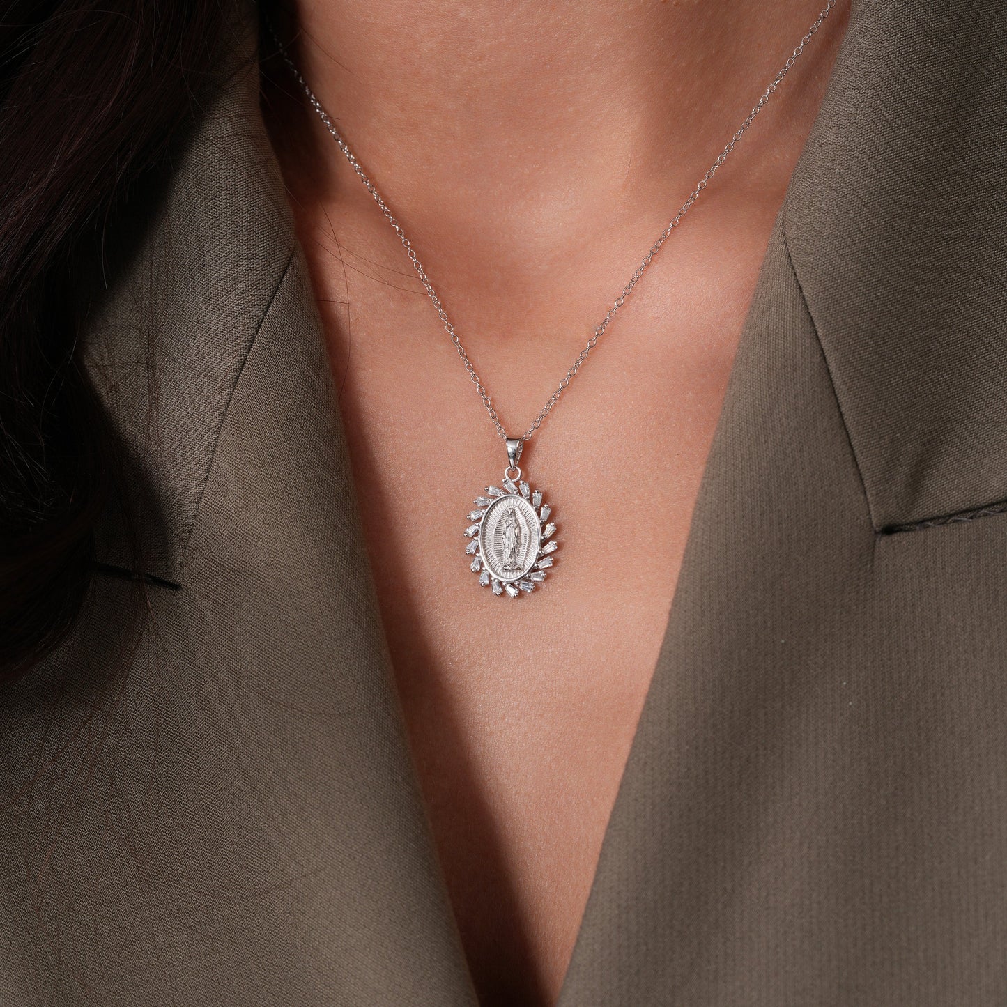 Rhodium Plated 925 Sterling Silver 14.6mm x 18.5mm Our Lady of Guadalupe Baguette Clear CZ Adjustable Pendant Necklace - STP01862 Fantastic Jewelry NYC