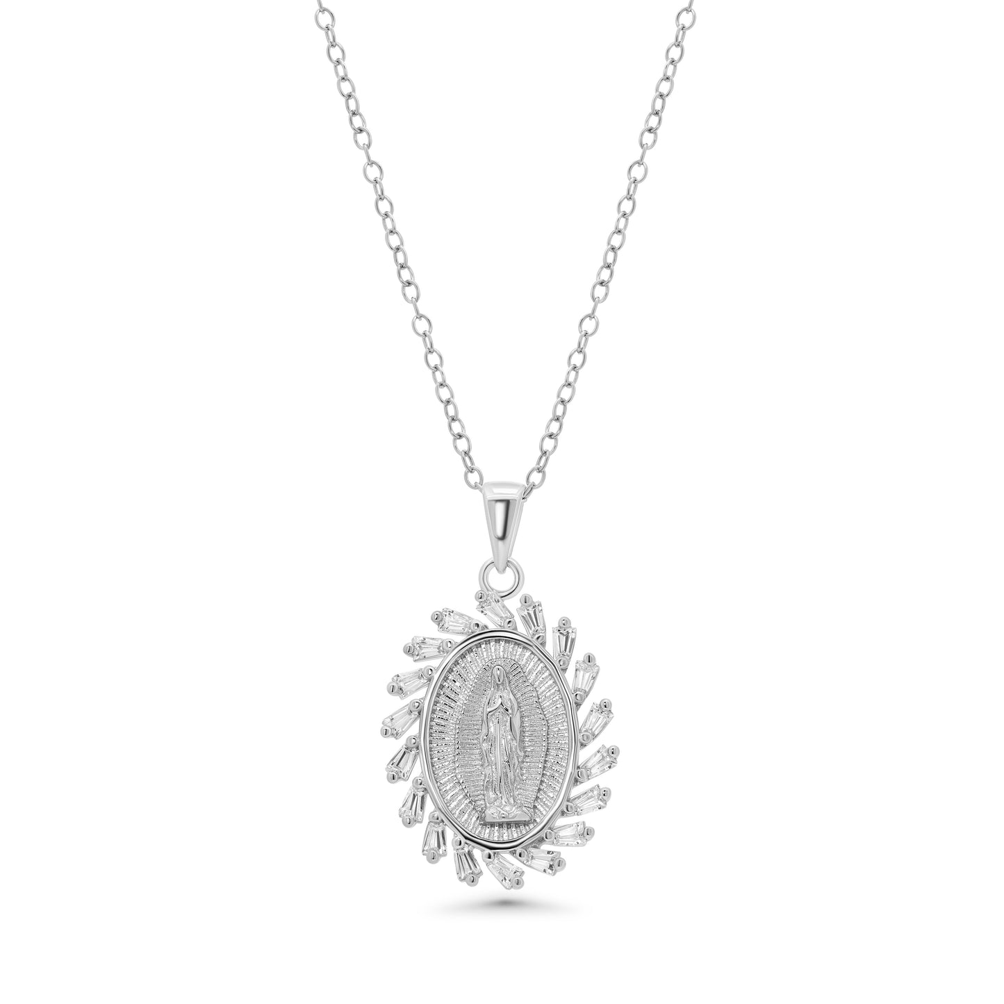Rhodium Plated 925 Sterling Silver 14.6mm x 18.5mm Our Lady of Guadalupe Baguette Clear CZ Adjustable Pendant Necklace - STP01862 Fantastic Jewelry NYC