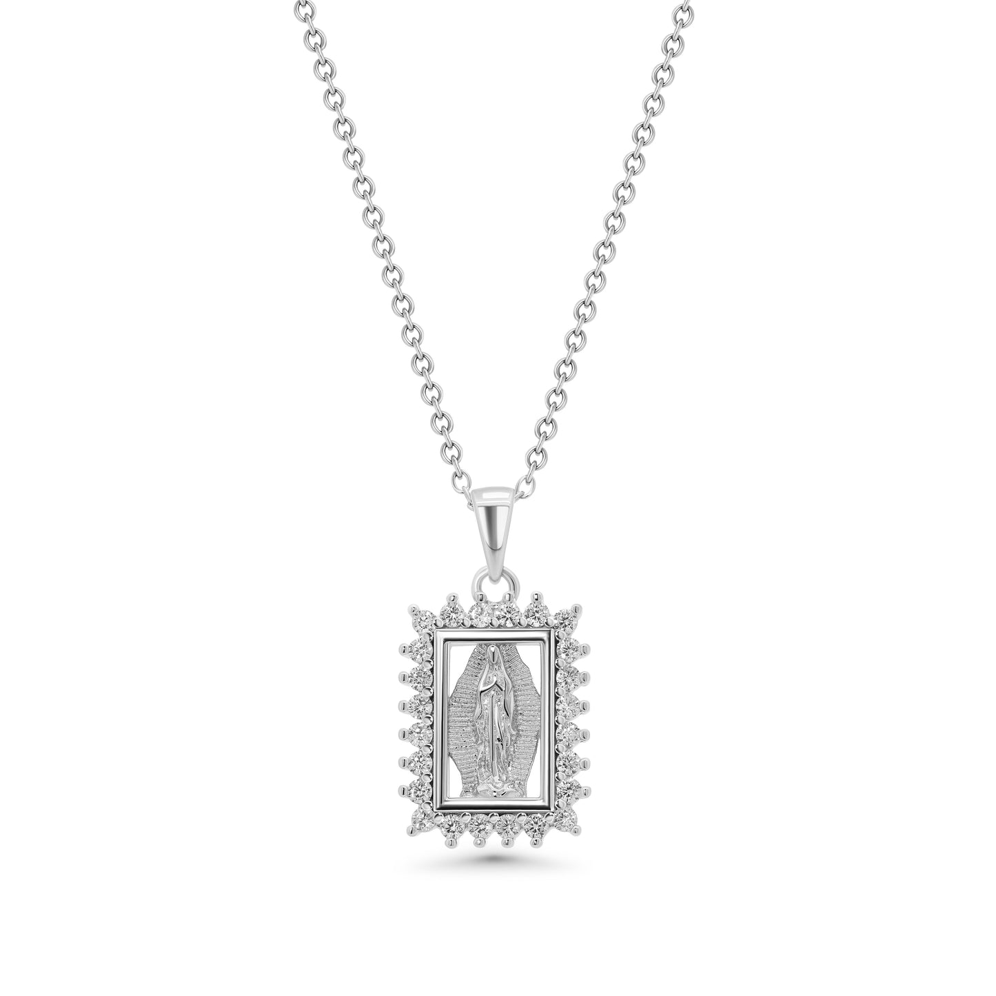Rhodium Plated 925 Sterling Silver 11.6mm x 14.7mm Framed Our Lady of Guadalupe Pear Shaped Clear CZ Adjustable Pendant Necklace - STP01864 Fantastic Jewelry NYC