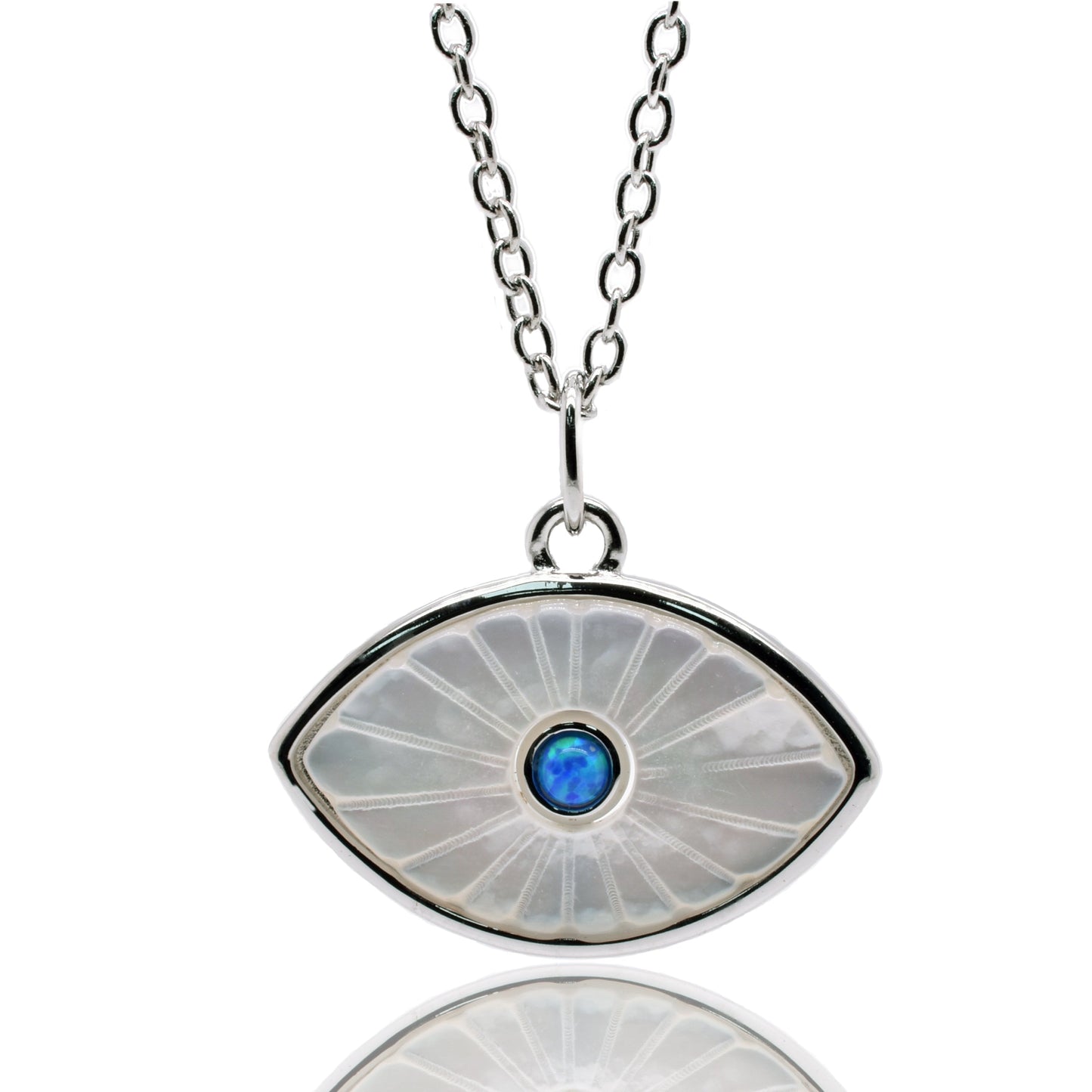 Rhodium Plated 925 Sterling Silver Synthetic White Pearl Evil Eye Blue CZ Pendant Necklace - STP01866 Fantastic Jewelry NYC