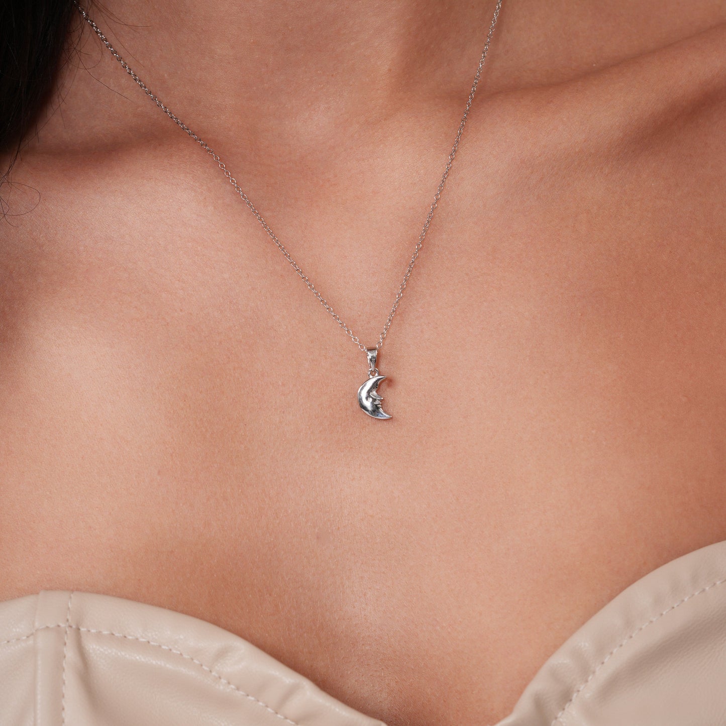 Rhodium Plated 925 Sterling Silver 7.2mm x 9.9mm Moon Face Adjustable Pendant Necklace - STP01869 Fantastic Jewelry NYC