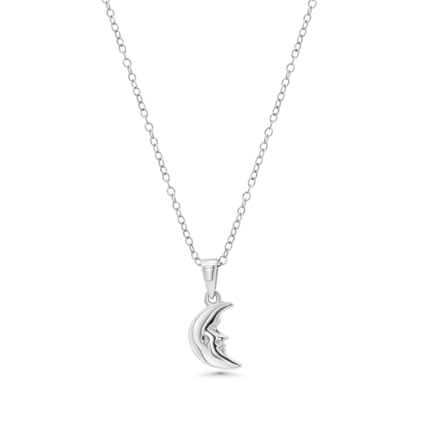 Rhodium Plated 925 Sterling Silver 7.2mm x 9.9mm Moon Face Adjustable Pendant Necklace - STP01869 Fantastic Jewelry NYC