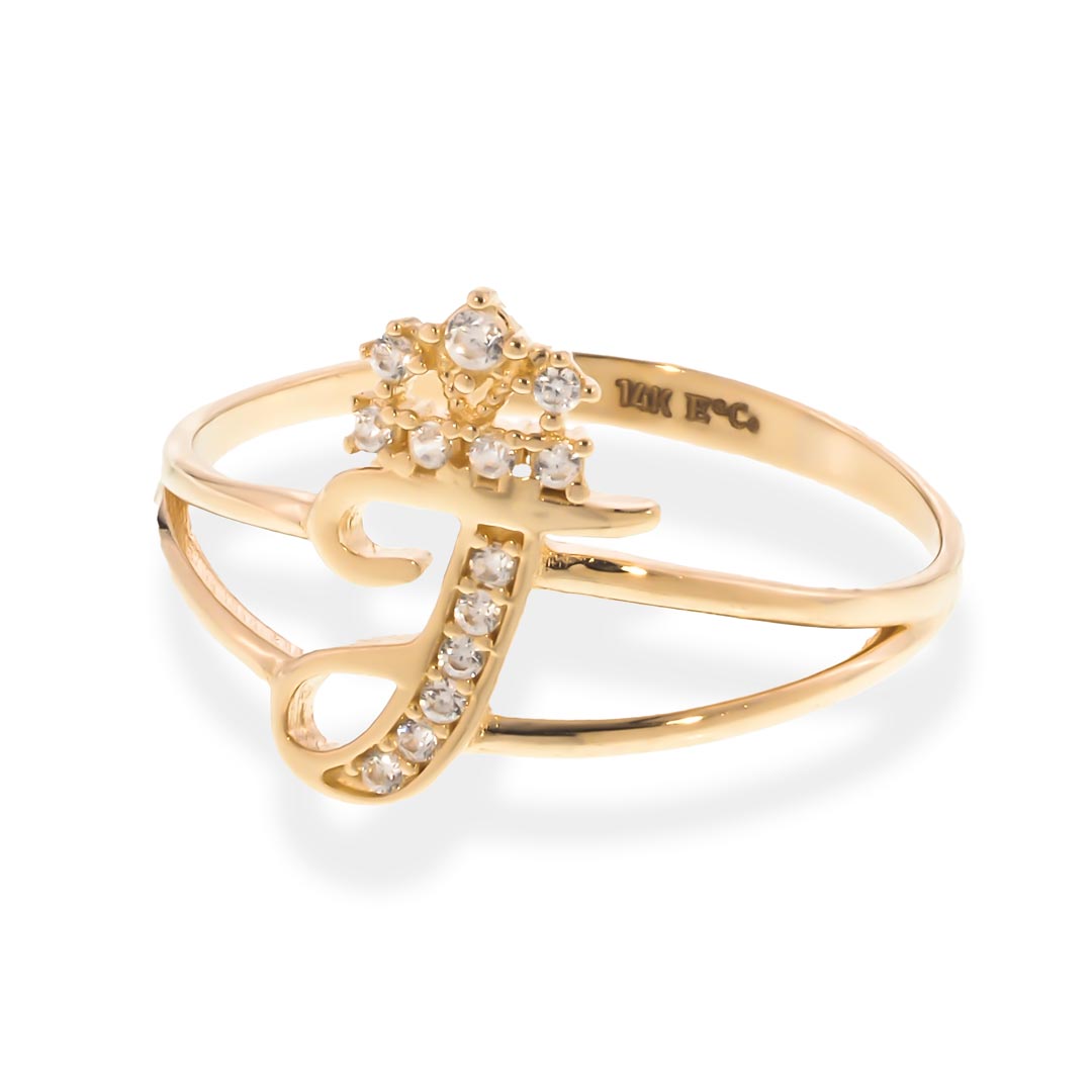 Crown Initial Letter 'J' Ring in 14K Gold with CZ