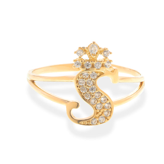 Crown Initial Letter 'S' Ring in 14K Gold with CZ