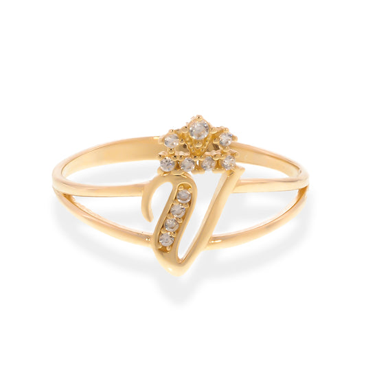 Crown Initial Letter 'V' Ring in 14K Gold with CZ