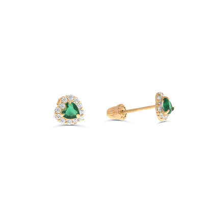 Heart Emerald  Stud Earrings | Screw back | 14K Gold With Cz