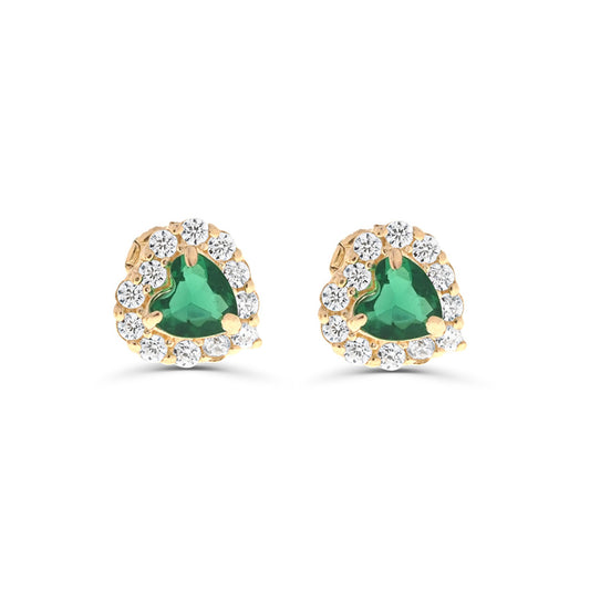 Heart Emerald  Stud Earrings | Screw back | 14K Gold With Cz