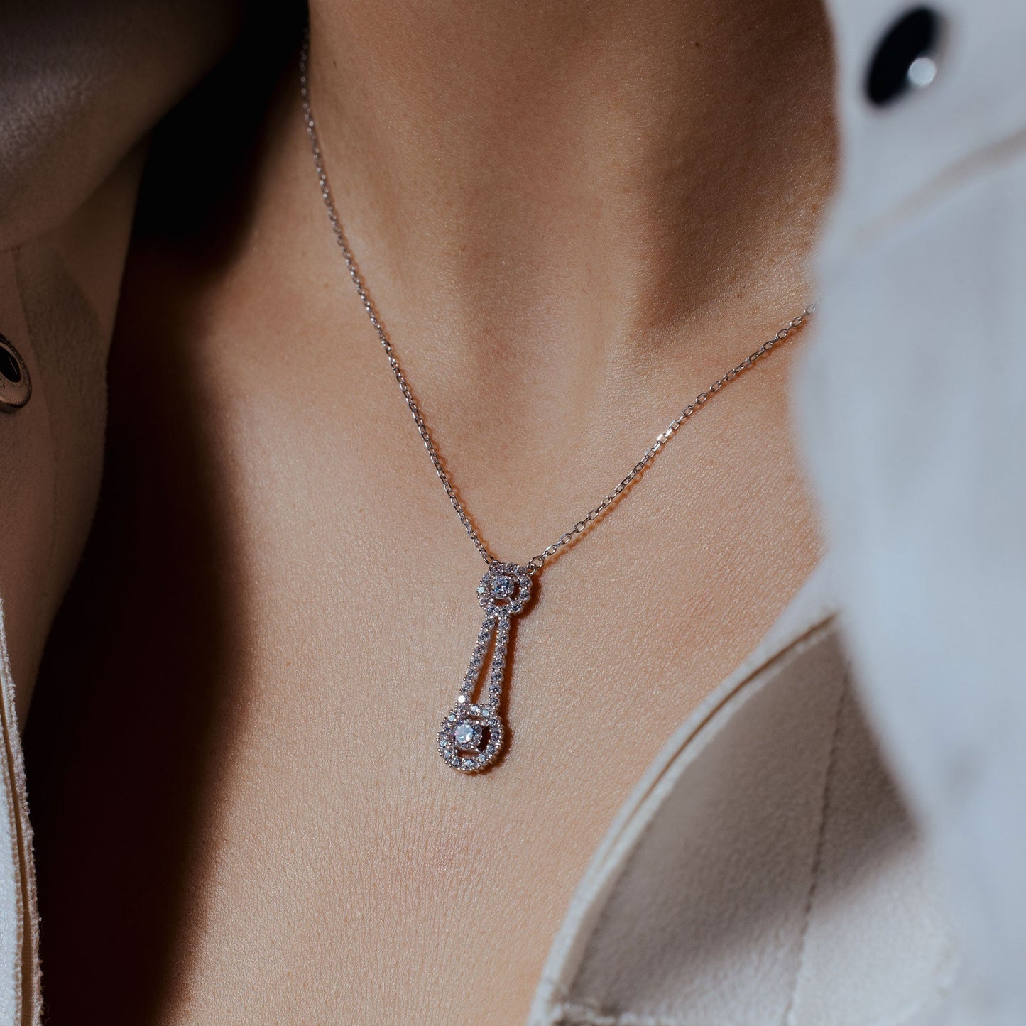 Rhodium Plated 925 Sterling Silver Double Halo Drop CZ Necklace - BGP01170 SPI