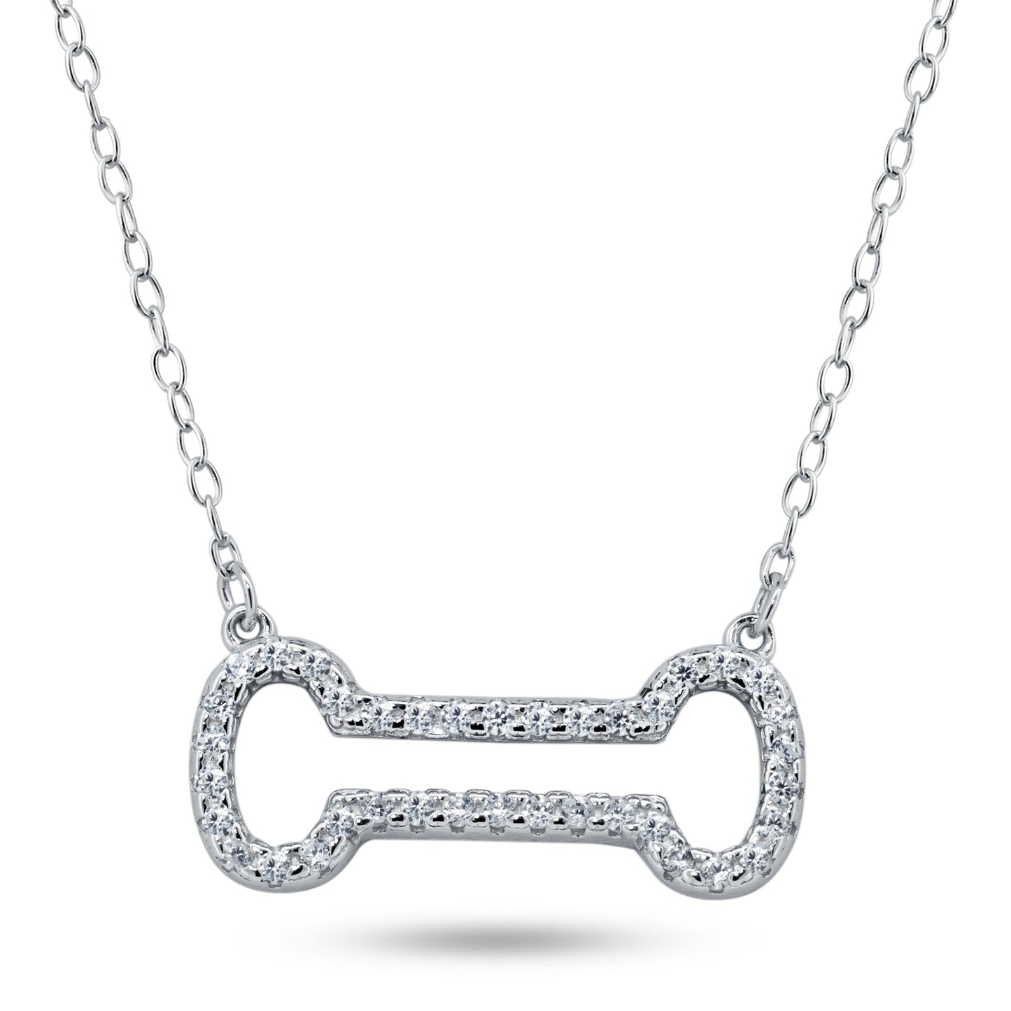 Rhodium Plated 925 Sterling Silver Open Dog Bone CZ Necklace - BGP01448 SPI
