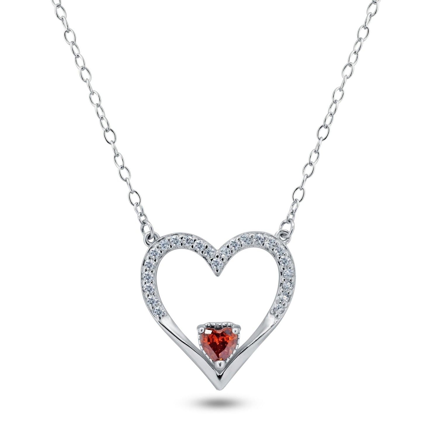 Rhodium Plated 925 Sterling Silver Clear Red CZ Open Heart Necklace - BGP01477 SPI