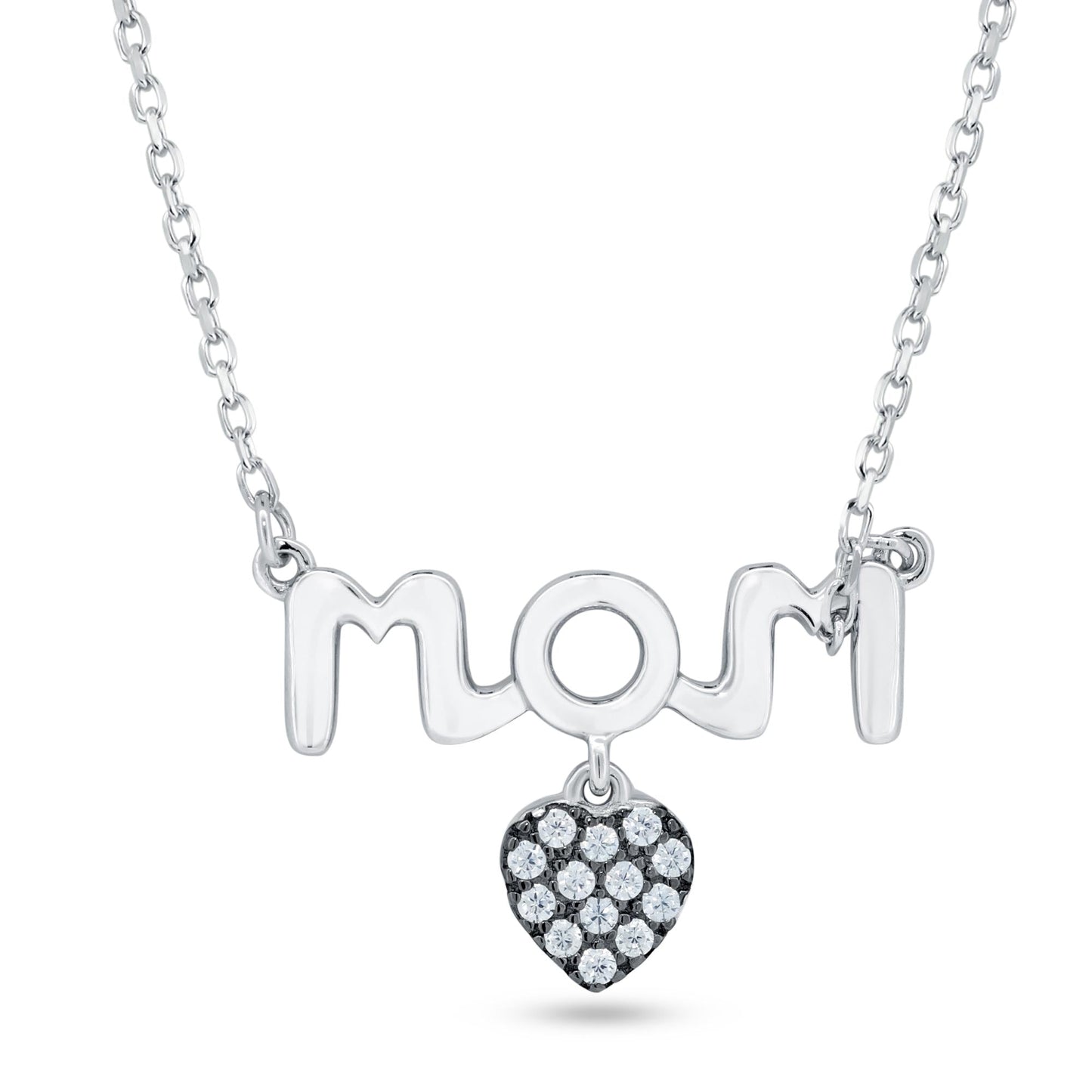 Rhodium Plated 925 Sterling Silver Mom Heart CZ Necklace - BGP01478 SPI
