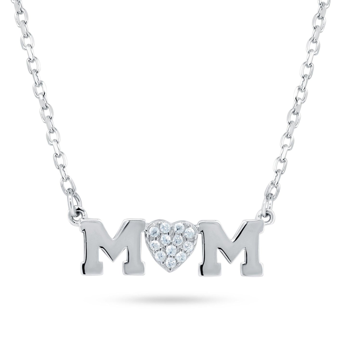 Rhodium Plated 925 Sterling Silver Mom Heart CZ Necklace - BGP01479 SPI