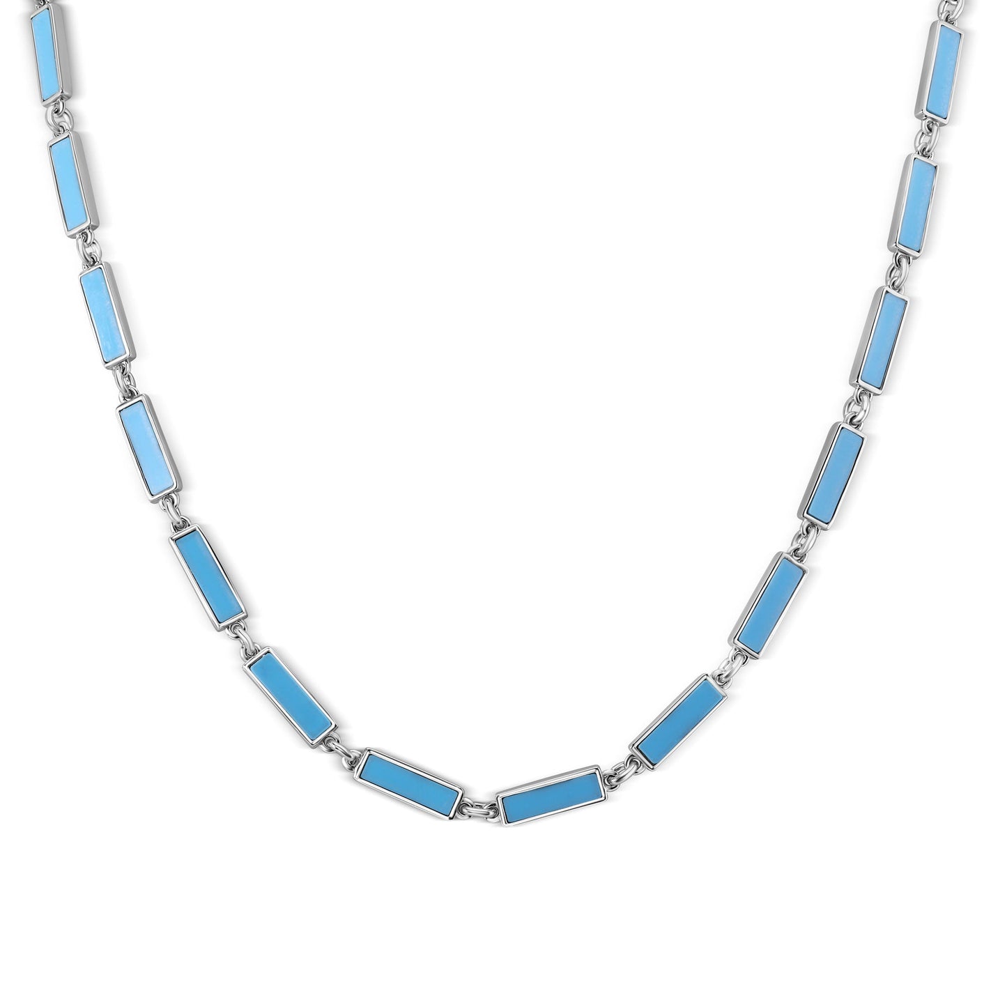 Rhodium Plated 925 Sterling Silver Light Blue Turquoise Stone Bar Link Necklace - BGP01483 Fantastic Jewelry NYC