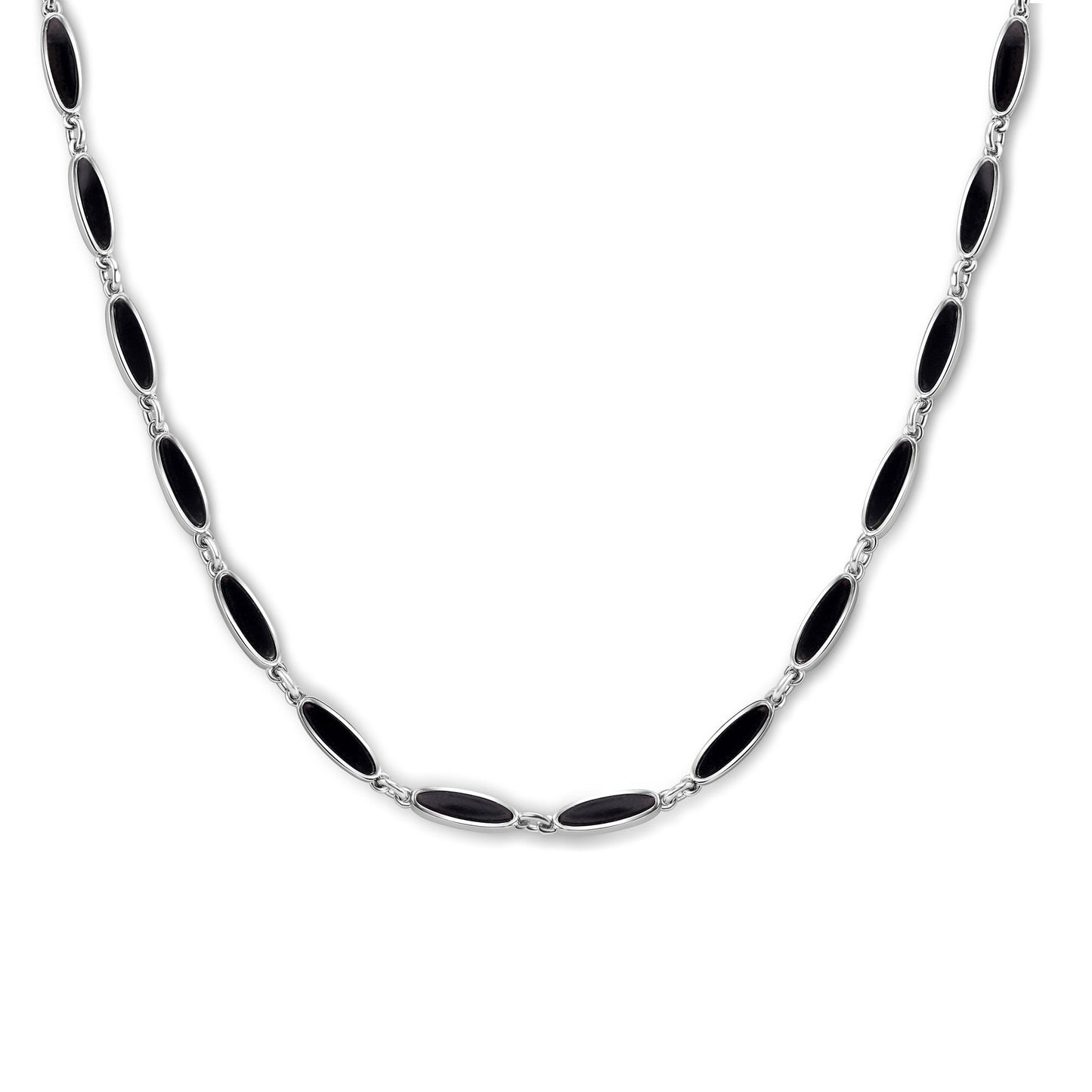 Rhodium Plated 925 Sterling Silver Onyx Cat's Eye Link Necklace - BGP01484 Fantastic Jewelry NYC