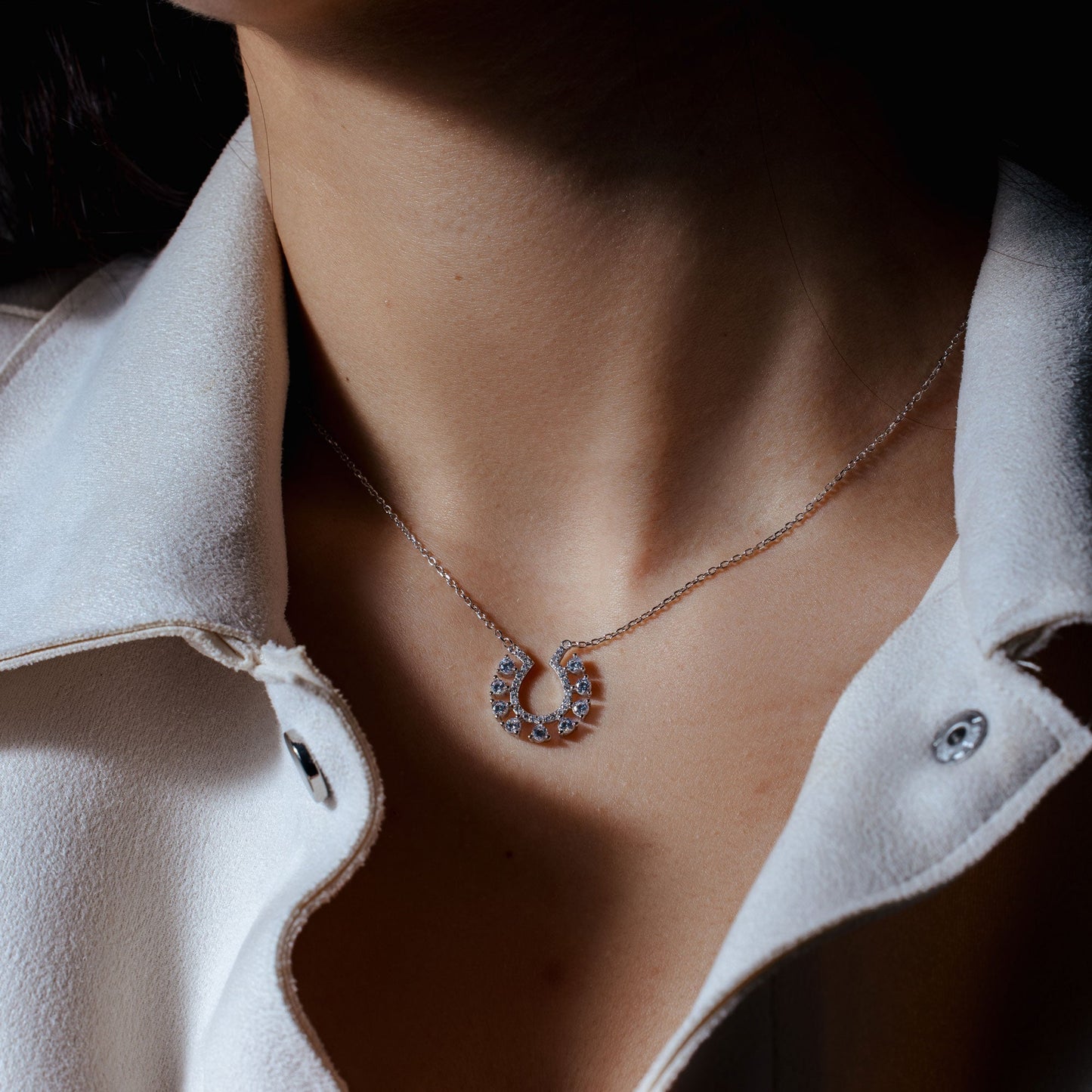 Rhodium Plated 925 Sterling Silver Horseshoe Clear CZ Studded Necklace - BGP01486 SPI