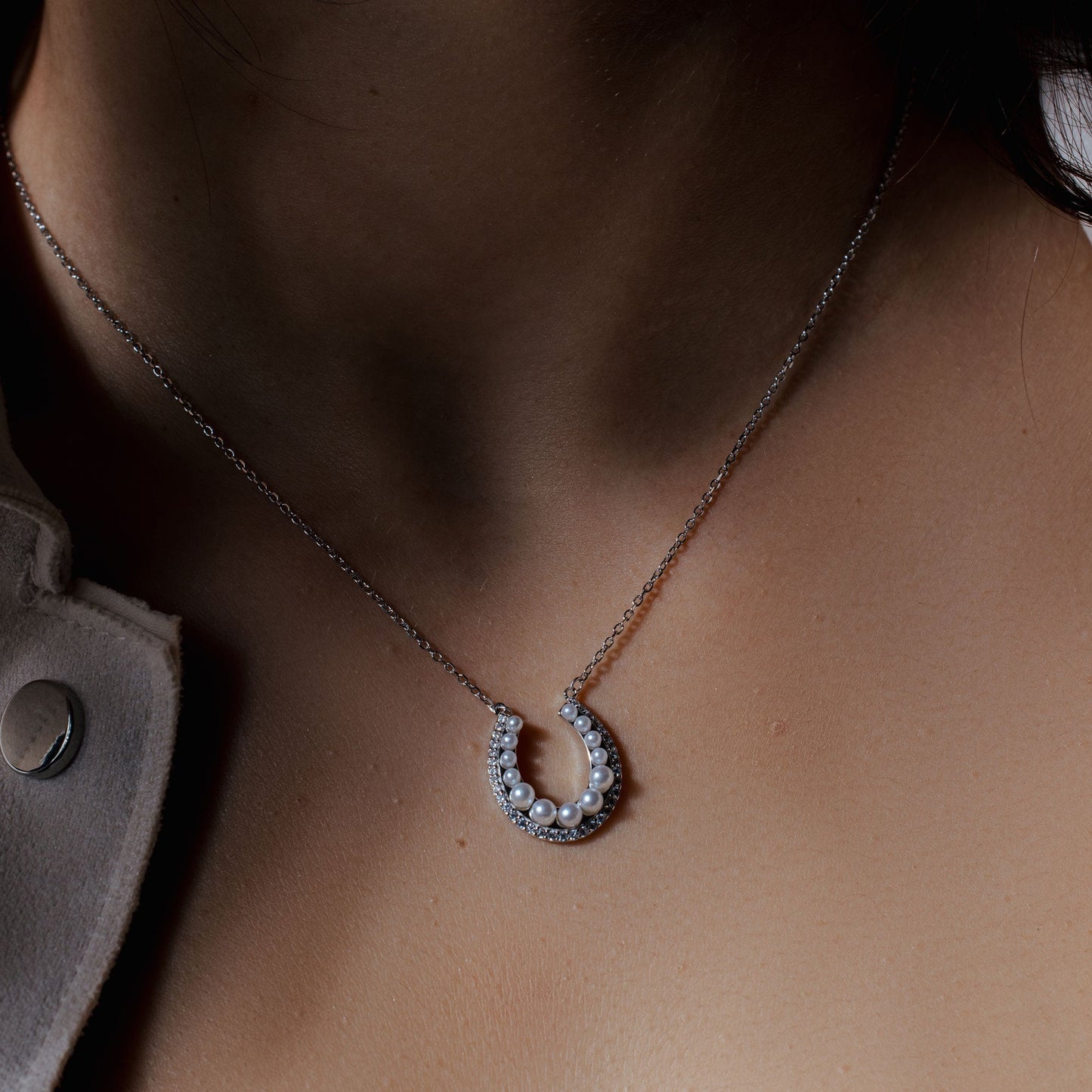 Rhodium Plated 925 Sterling Silver Horseshoe Pearl Clear CZ Necklace - BGP01487 SPI