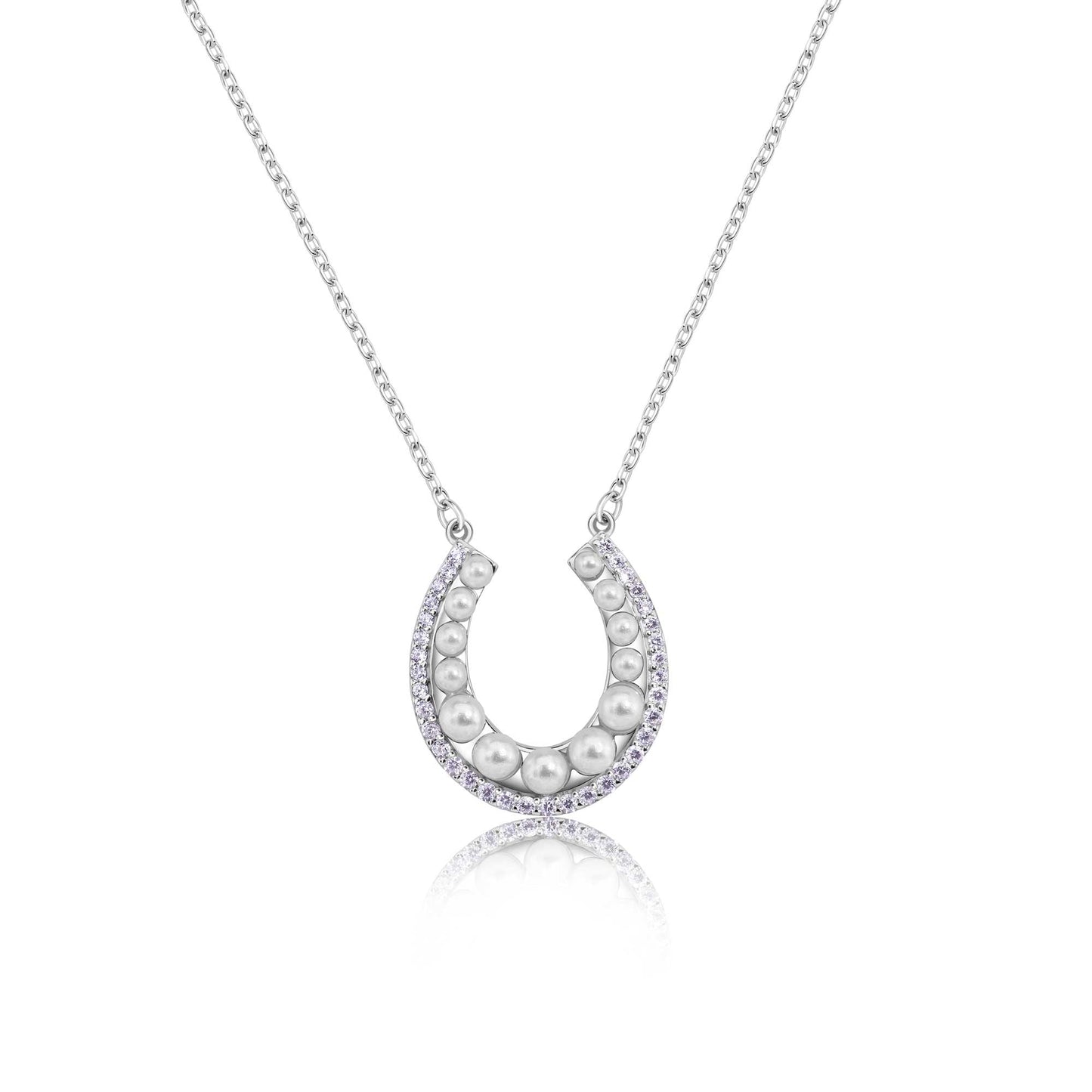 Rhodium Plated 925 Sterling Silver Horseshoe Pearl Clear CZ Necklace - BGP01487 SPI
