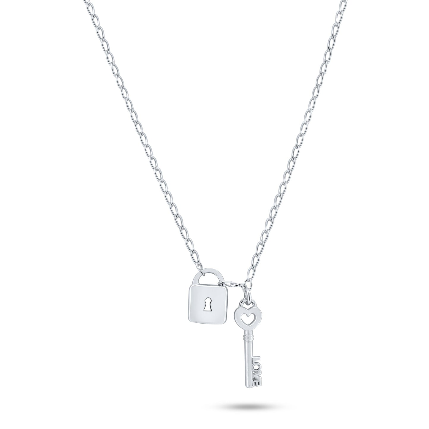 Rhodium Plated 925 Sterling Silver Love Key and Lock Necklace - ECN00070RH SPI