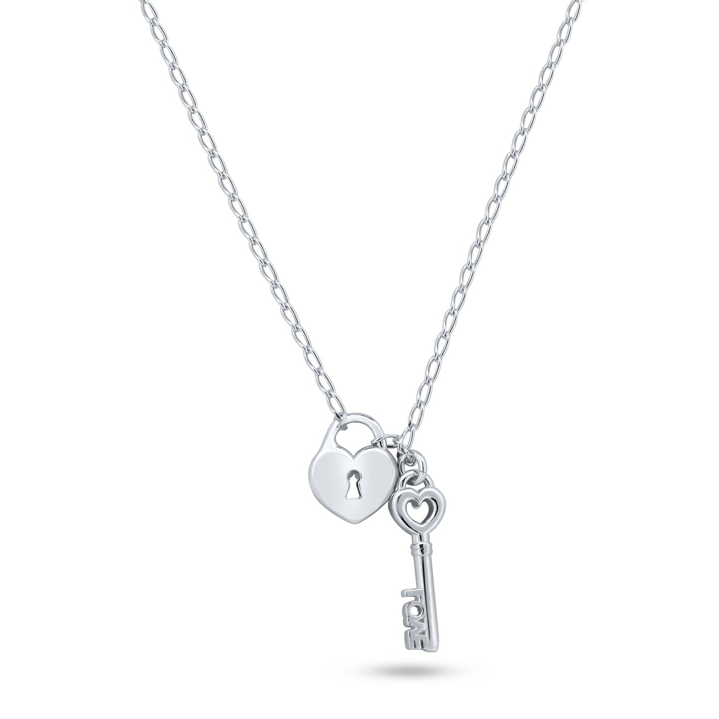 Rhodium Plated 925 Sterling Silver Medium Love Key and Heart Lock Necklace - ECN00072RH SPI