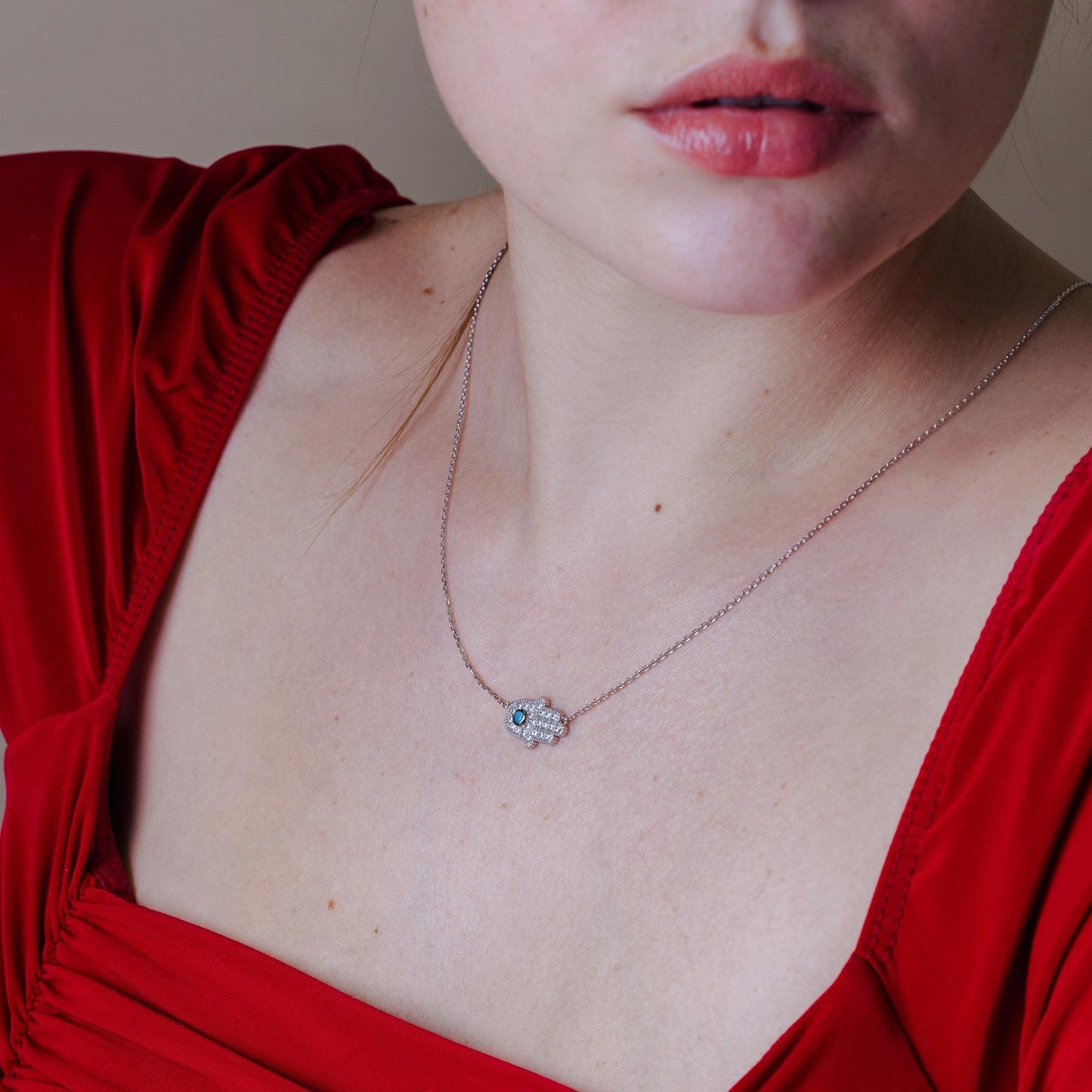 Silver 925 Rhodium Plated CZ Encrusted Hamsa Necklace with Turquoise Stone - GMN00016RH SPI