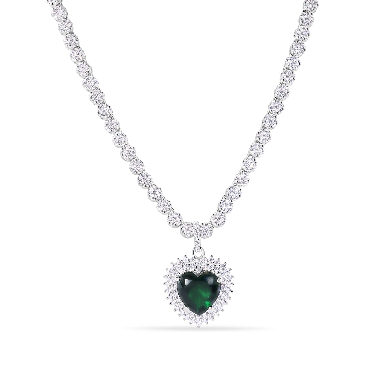 Rhodium Plated 925 Sterling Silver Heart Green CZ Pendant 3.8mm Round Cut Clear CZ Tennis Necklace - GMN00222 Fantastic Jewelry NYC
