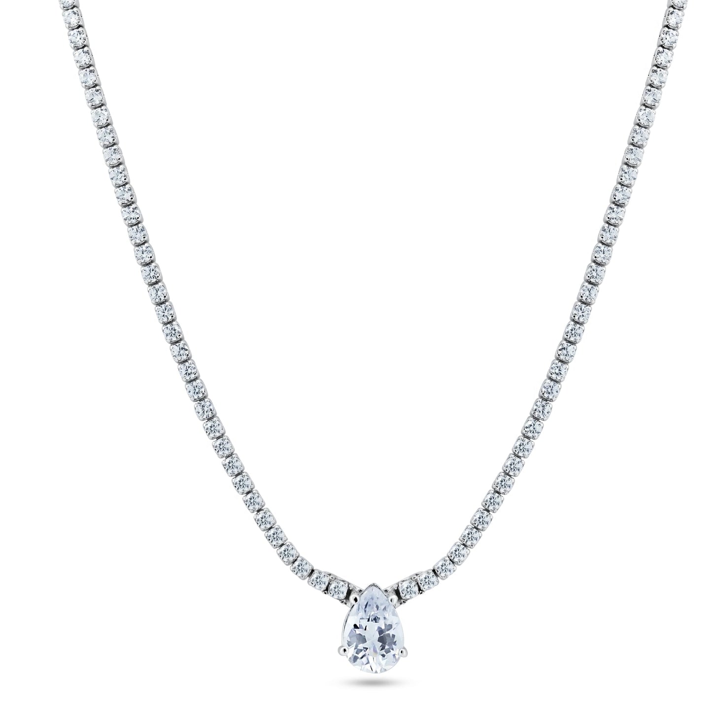 Rhodium Plated 925 Sterling Silver Teardrop Centered Tennis CZ Necklace - GMN00193 SPI