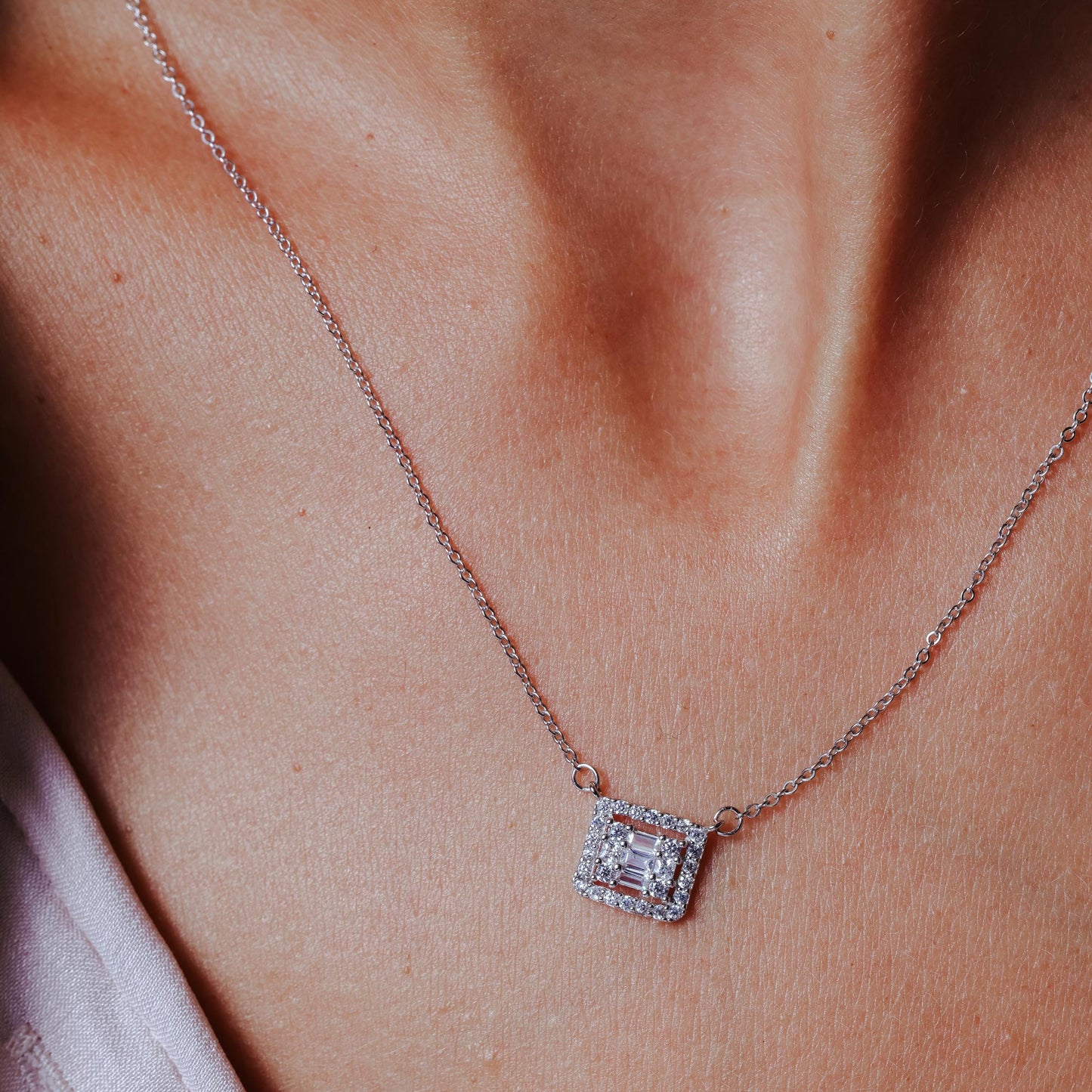 Rhodium Plated 925 Sterling Silver Round Baguette CZ Square Necklace - GMN00200 SPI