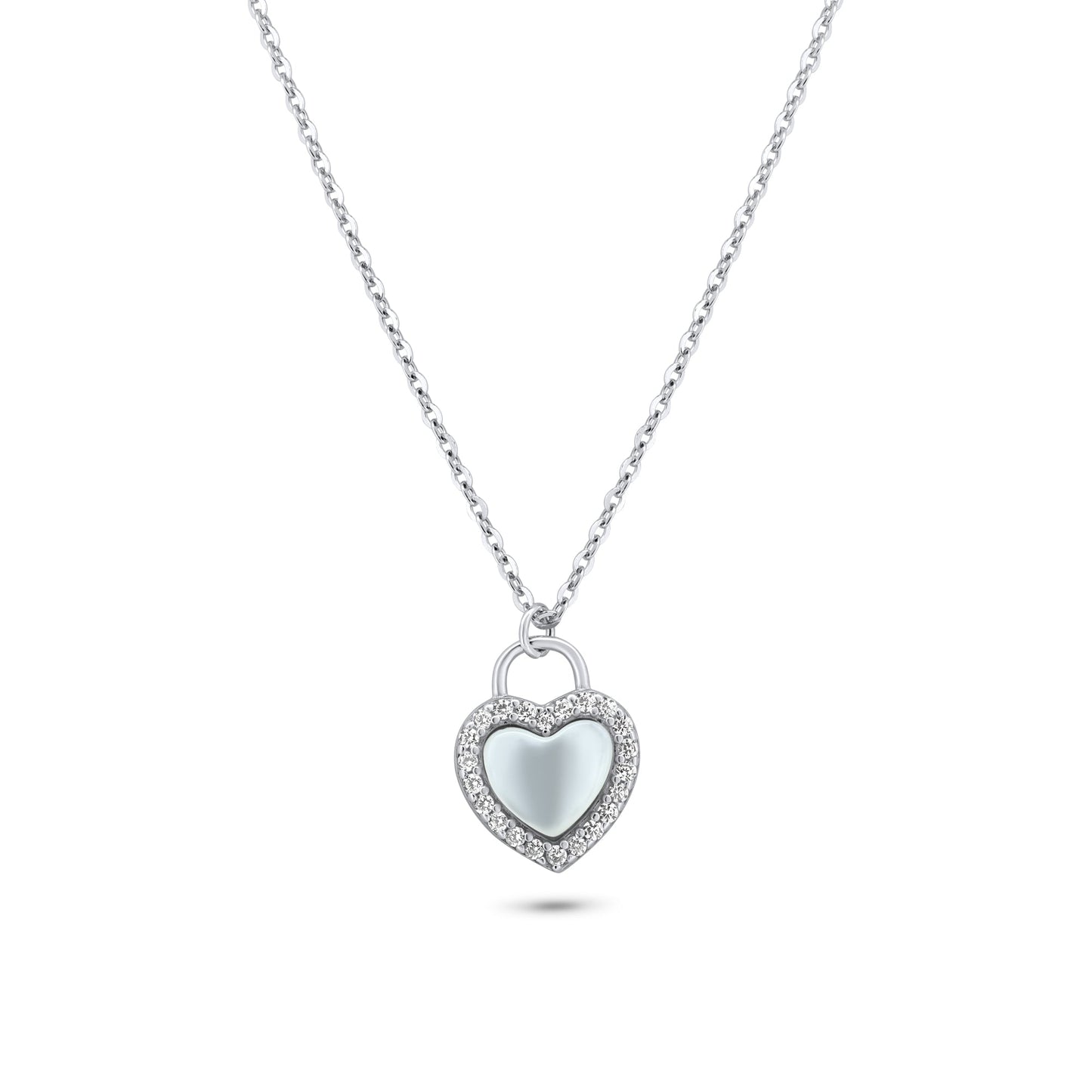 Rhodium Plated 925 Sterling Silver Heart CZ Mother of Pearl Necklace - GMN00203 SPI