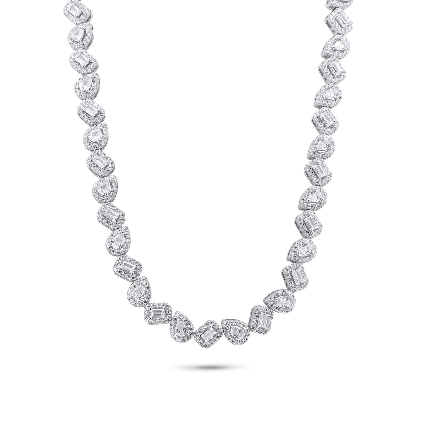 Rhodium Plated 925 Sterling Silver Teardrop and Baguette CZ Stone Encrusted 7.4mm Adjustable Tennis Necklace - GMN00205 SPI