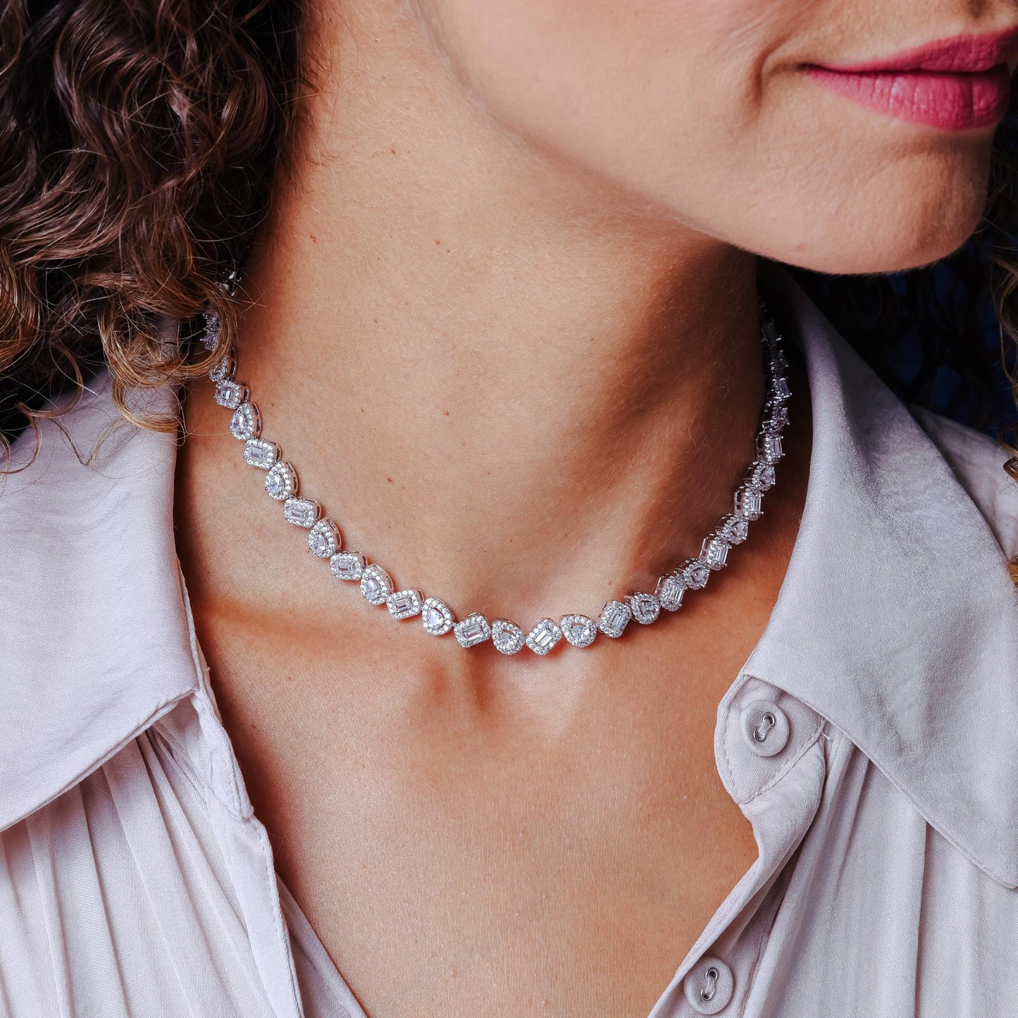 Rhodium Plated 925 Sterling Silver Teardrop and Baguette CZ Stone Encrusted 7.4mm Adjustable Tennis Necklace - GMN00205 SPI