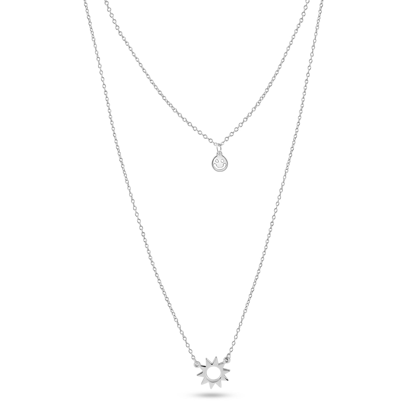Rhodium Plated 925 Sterling Silver Double Chain Open Sun Smiley Necklace - GMN00201 SPI