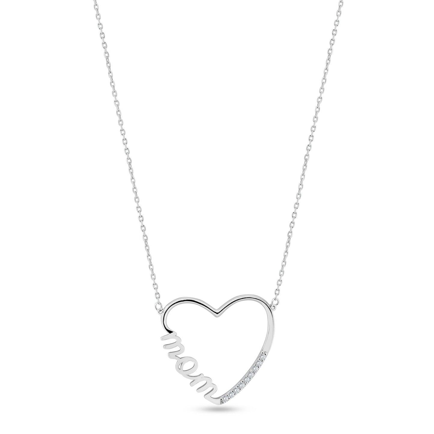 Rhodium Plated 925 Sterling Silver Clear CZ Open Heart MOM Necklace - GMN00207 SPI