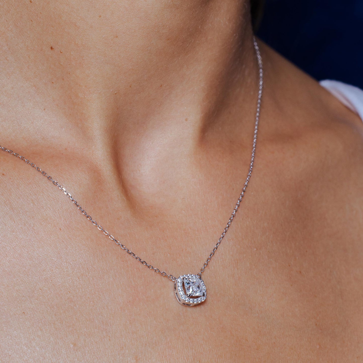 Silver Rhodium 925 Square Halo Moissanite Necklace - MBGP00001 SPI