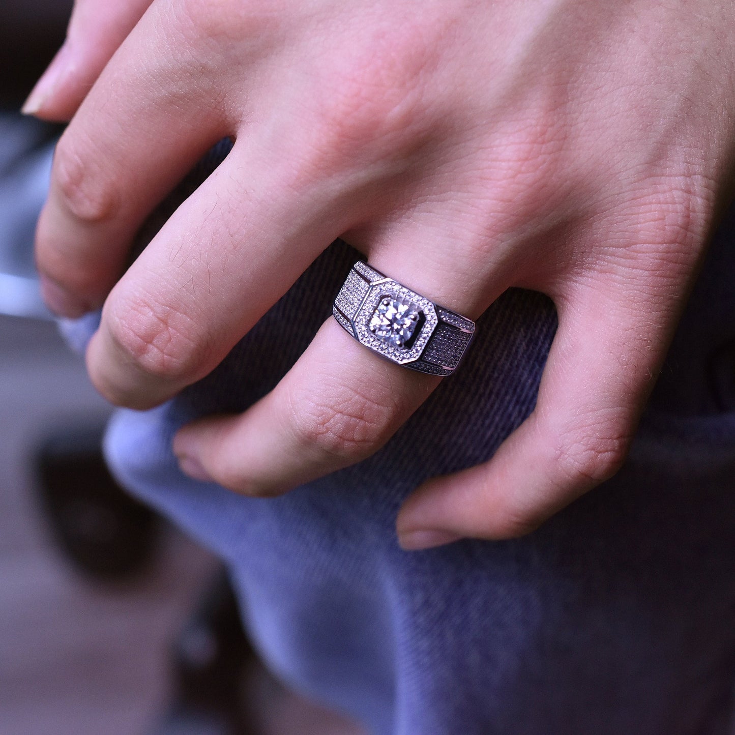 Rhodium Plated 925 Sterling Silver Men's 1 Carat Moissanite Stones Encrusted Statement Ring - MBGR00010 SPI