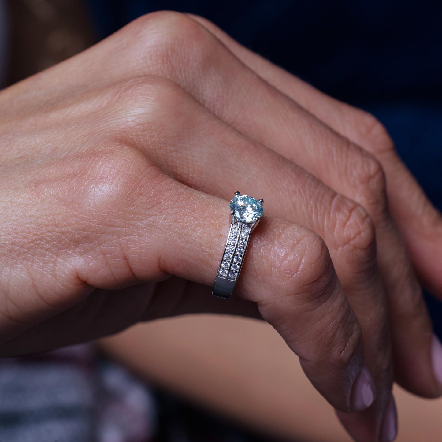 Rhodium Plated 925 Sterling Silver Double Row Shank Round Moissanite Stones Ring - MBGR00007 SPI
